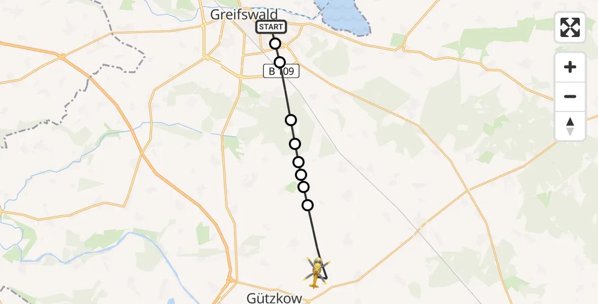 Flugroute Rettungshubschrauber Greifswald Hospital Heliport - Gützkow, 28 Februar 2026, 08:17
