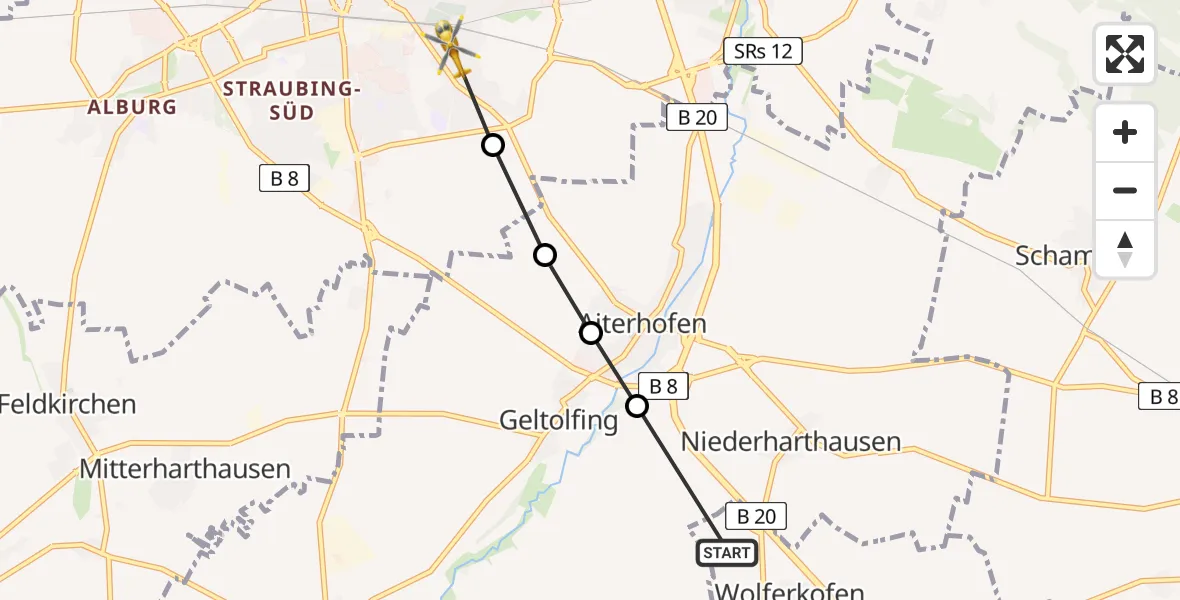 Flugroute Rettungshubschrauber Wolferkofen - Straubing, 28 Februar 2026, 08:47