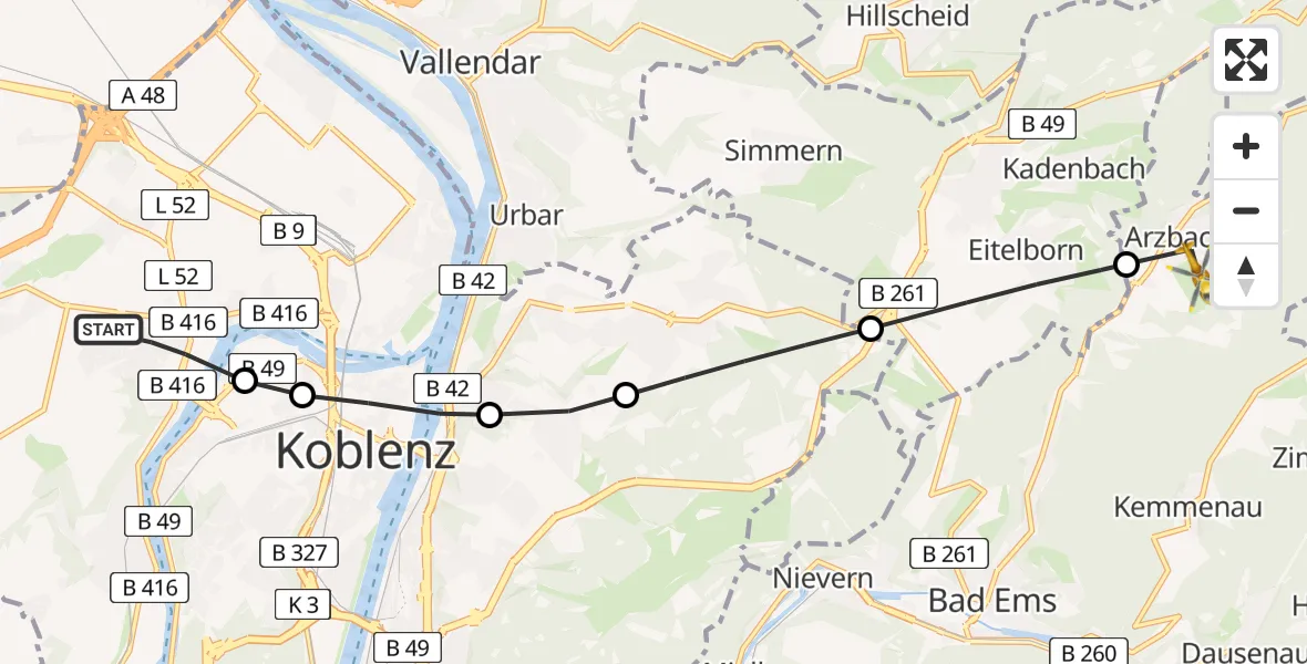 Routekaart van de vlucht: Rettungshubschrauber nach Arzbach, Hochstraße