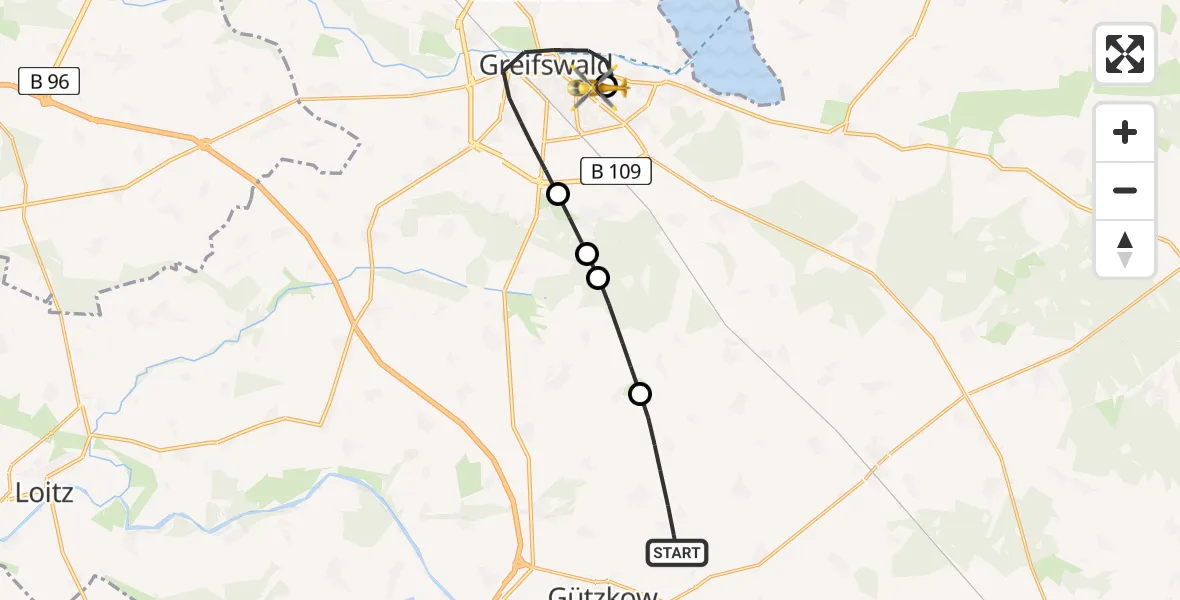 Routekaart van de vlucht: Rettungshubschrauber nach Greifswald Hospital Heliport