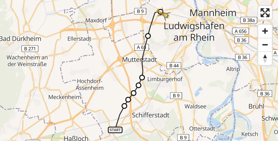 Flugroute Rettungshubschrauber Böhl-Iggelheim - Ludwigshafen Accident Hospital Heliport, 28 Februar 2026, 08:56