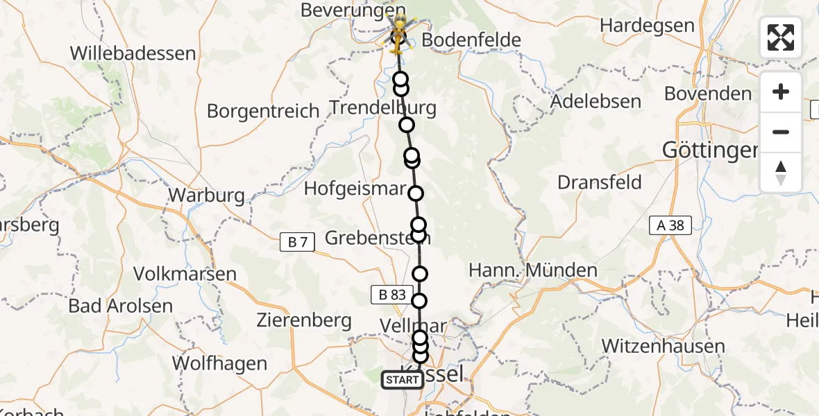 Flugroute Rettungshubschrauber Kassel - Bad Karlshafen, 28 Februar 2026, 09:08