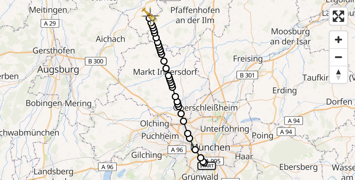 Flugroute Rettungshubschrauber ADAC Air Rescue Center Heliport (Christoph 1) - Aresing, 28 Februar 2026, 09:14