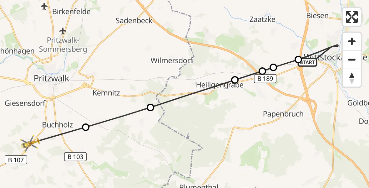 Flugroute Rettungshubschrauber Wittstock/Dosse - Pritzwalk, 28 Februar 2026, 09:14