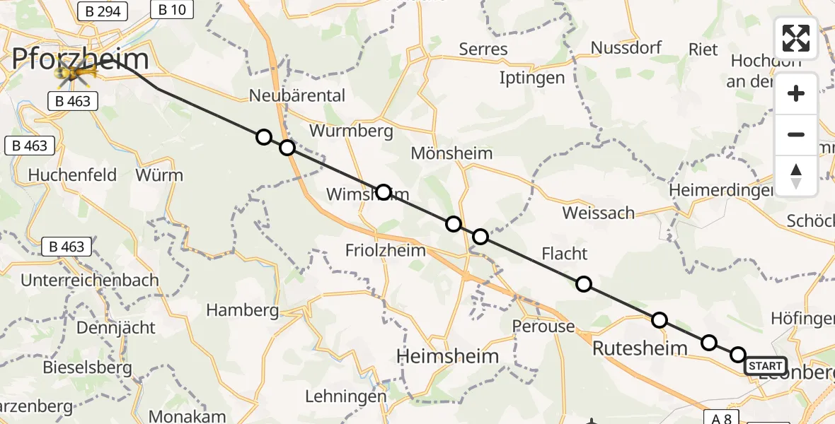 Flugroute Rettungshubschrauber Leonberg Hospital Heliport - Pforzheim, 28 Februar 2026, 09:17