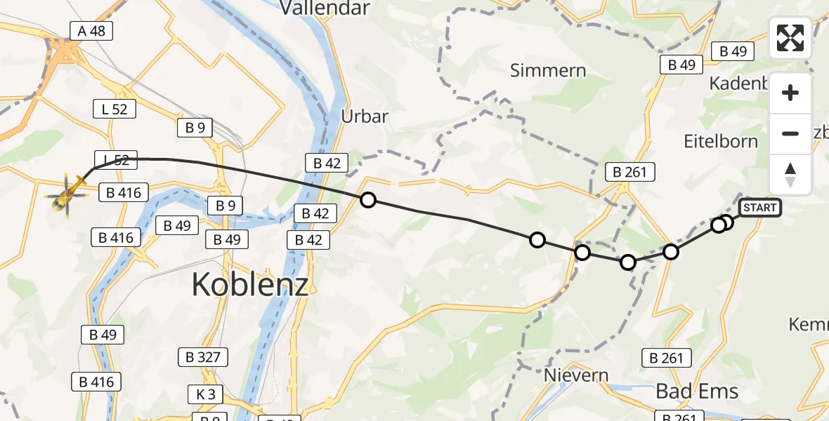 Routekaart van de vlucht: Rettungshubschrauber nach Koblenz, Rübenacher Straße