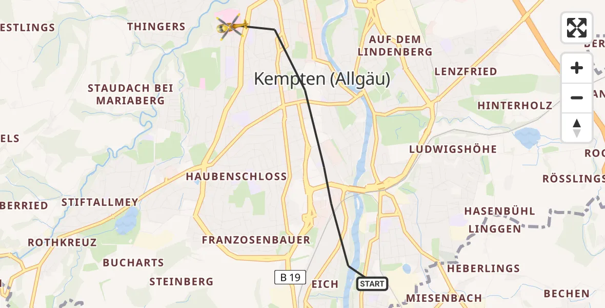 Flugroute Rettungshubschrauber Kempten (Allgäu) - Kempten (Allgäu), 28 Februar 2026, 09:22