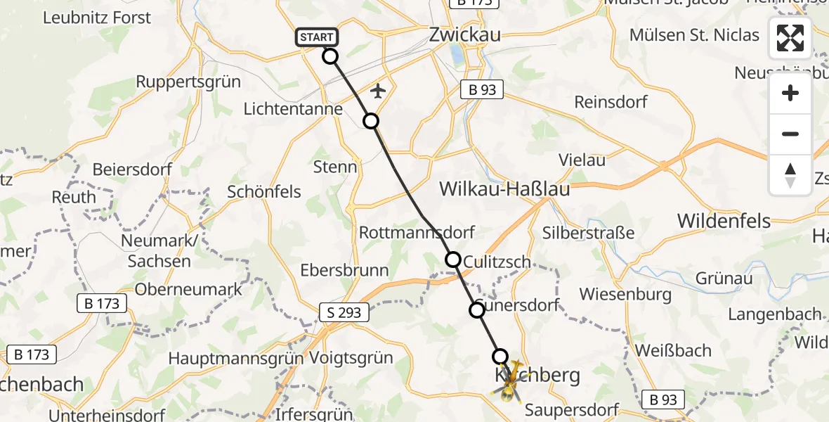 Flugroute Rettungshubschrauber ADAC Air Rescue Station Zwickau Heliport - Kirchberg, 28 Februar 2026, 09:26