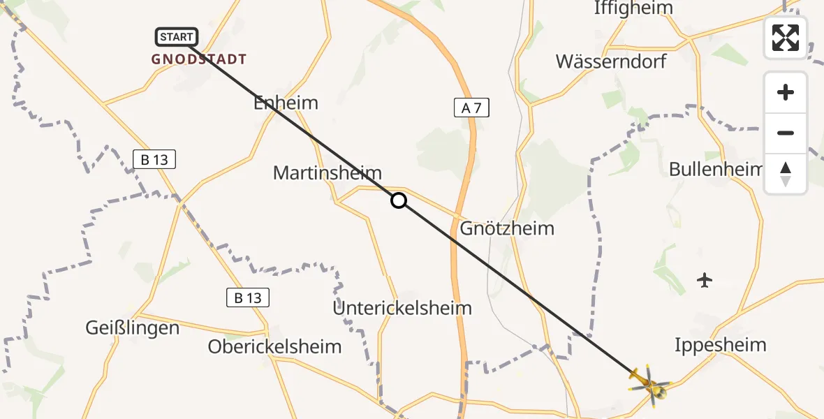 Flugroute Rettungshubschrauber Marktbreit - Herrnberchtheim, 28 Februar 2026, 09:33