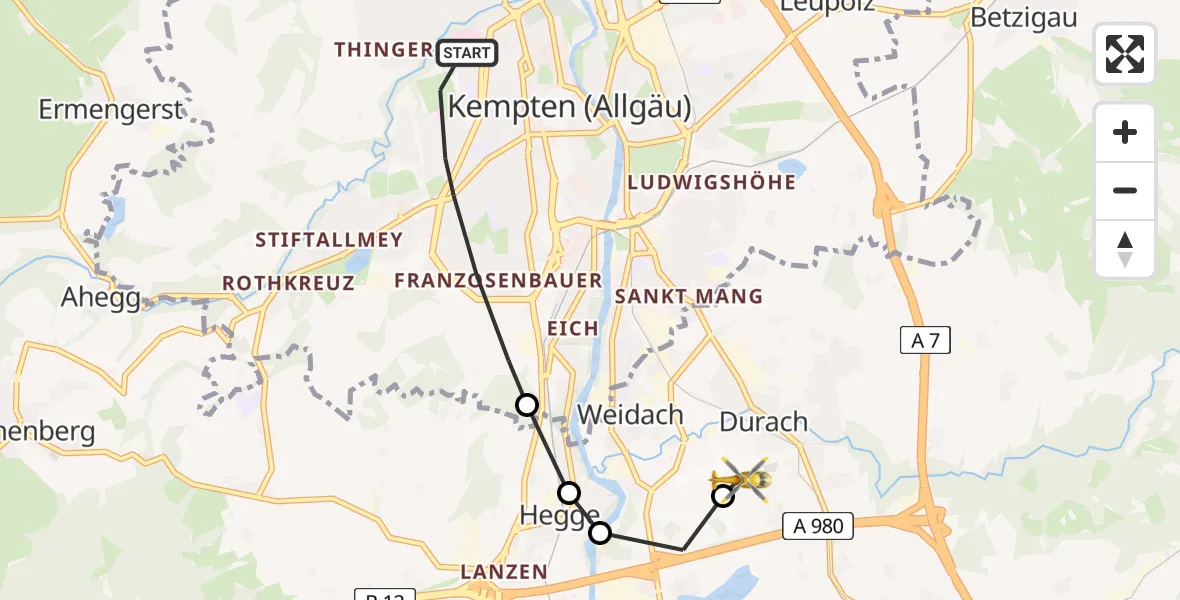 Flugroute Rettungshubschrauber Kempten (Allgäu) - Kempten-Durach Airfield, 28 Februar 2026, 09:38