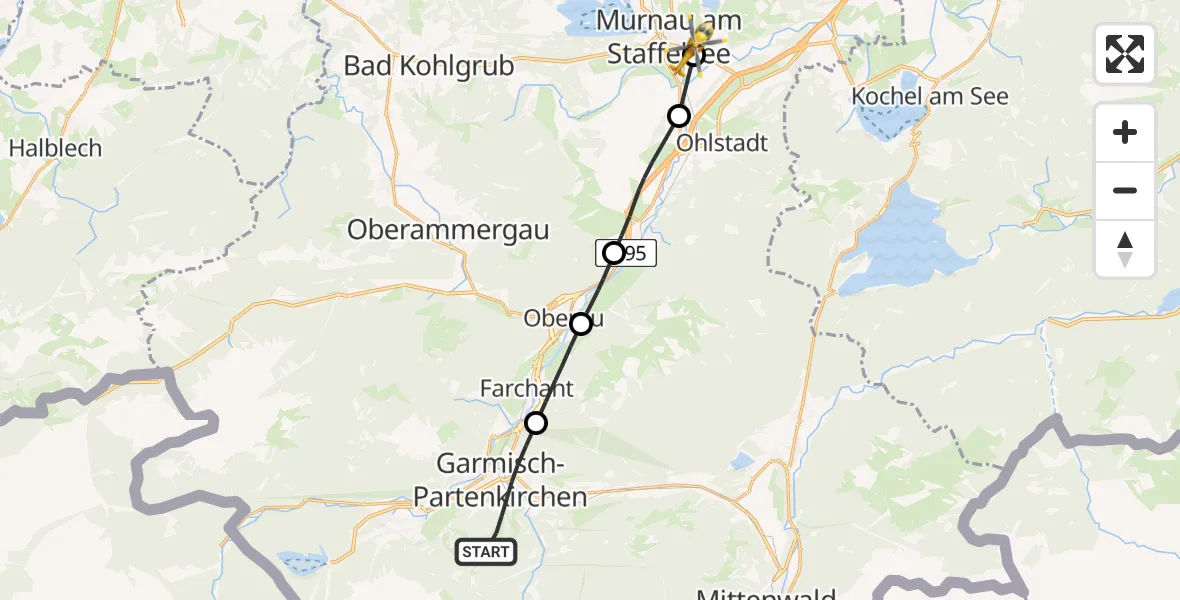 Flugroute Rettungshubschrauber Garmisch-Partenkirchen - Murnau Accident Hospital Heliport, 28 Februar 2026, 09:43