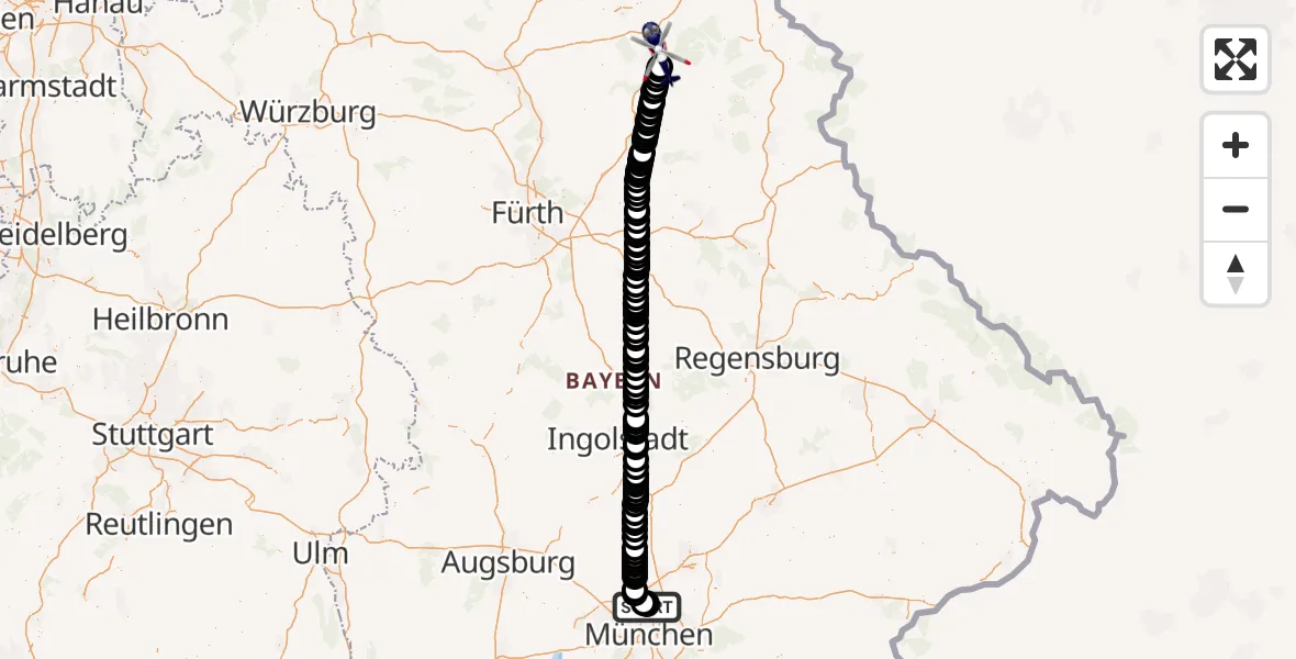 Flugroute Polizeihubschrauber Oberschleißheim - Bayreuth, 28 Februar 2026, 09:47