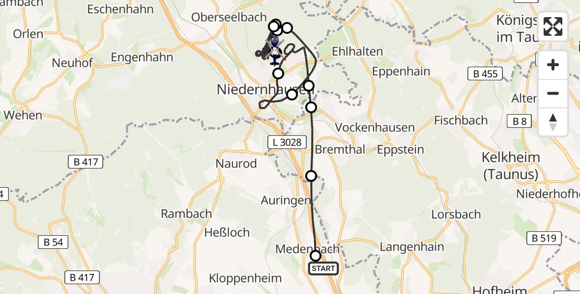 Flugroute Polizeihubschrauber Autobahn Police Wiesbaden Heliport - Niedernhausen, 28 Februar 2026, 09:51