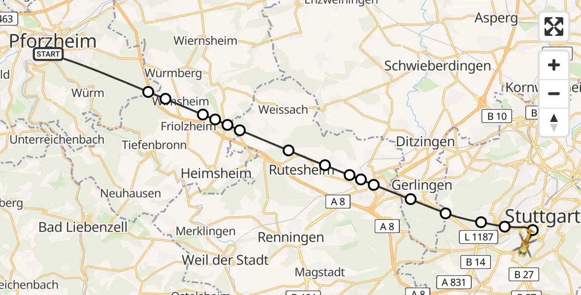 Flugroute Rettungshubschrauber Pforzheim - Stuttgart-Süd, 28 Februar 2026, 10:00