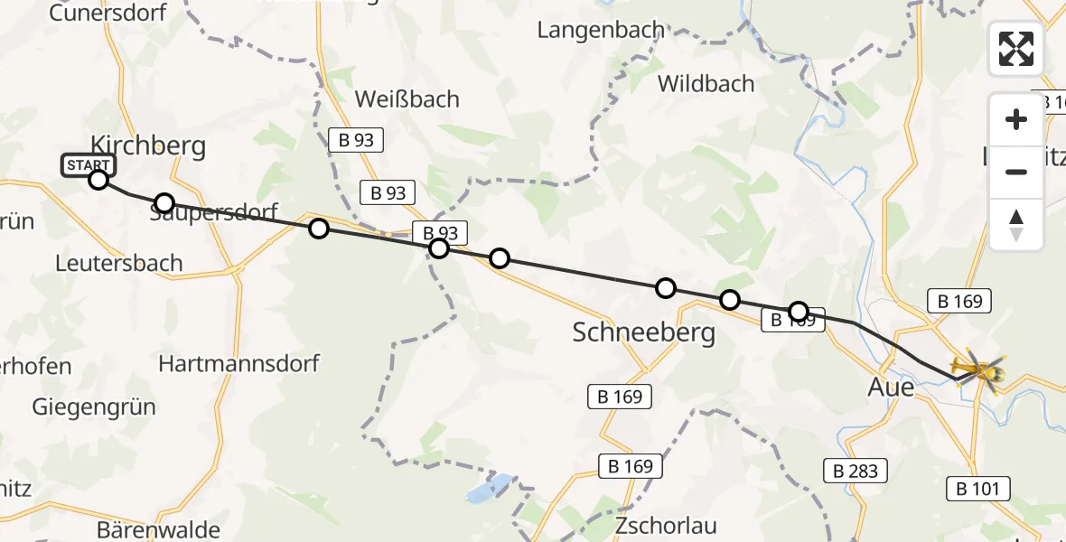 Flugroute Rettungshubschrauber Kirchberg - Helios Clinic Aue Heliport, 28 Februar 2026, 10:12