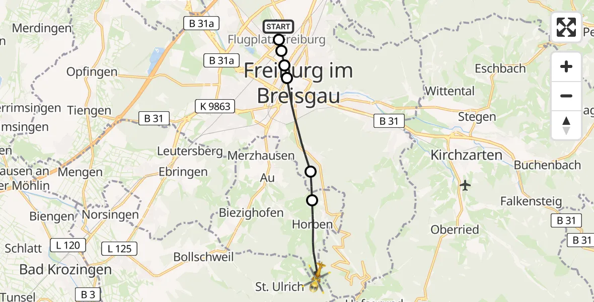 Flugroute Rettungshubschrauber Freiburg im Breisgau Airfield - Horben, 28 Februar 2026, 10:31
