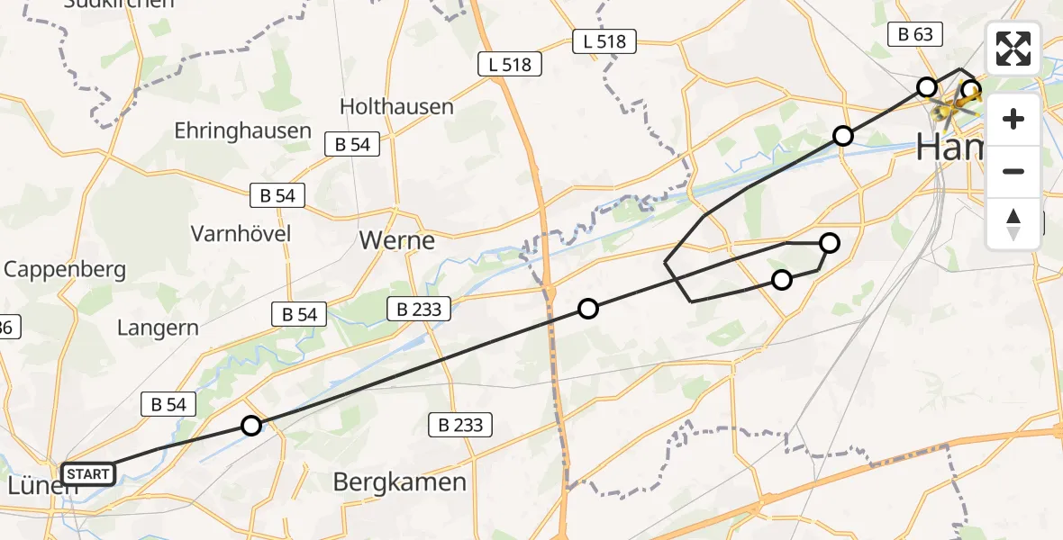 Routekaart van de vlucht: Rettungshubschrauber nach Hamm-Lippewiesen Airfield