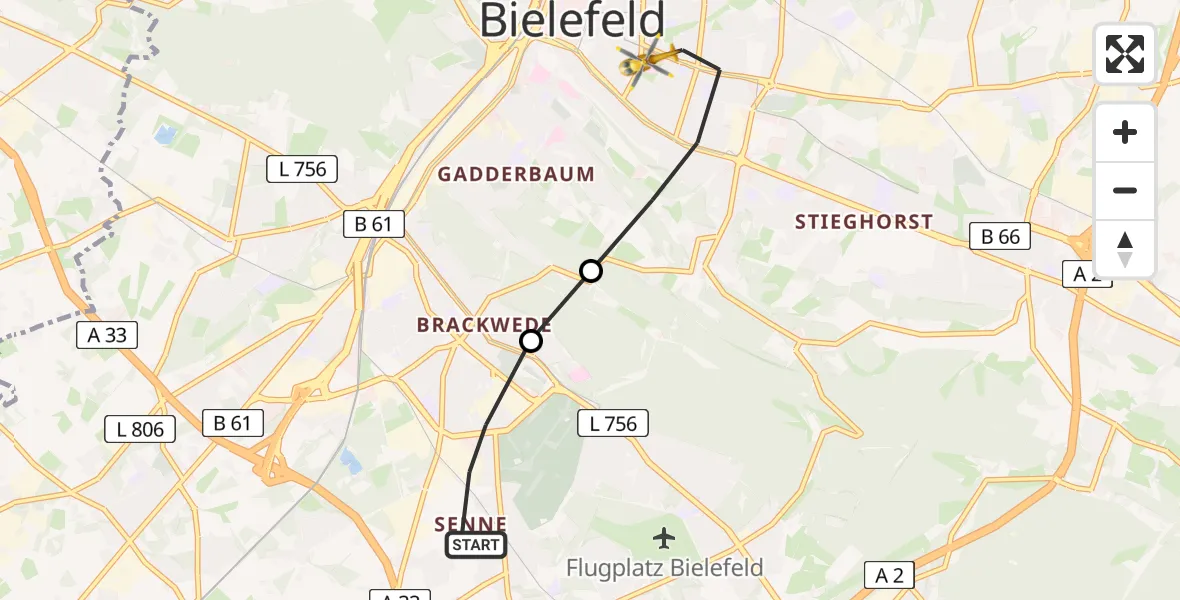 Flugroute Rettungshubschrauber Bielefeld - Bielefeld, 28 Februar 2026, 10:35