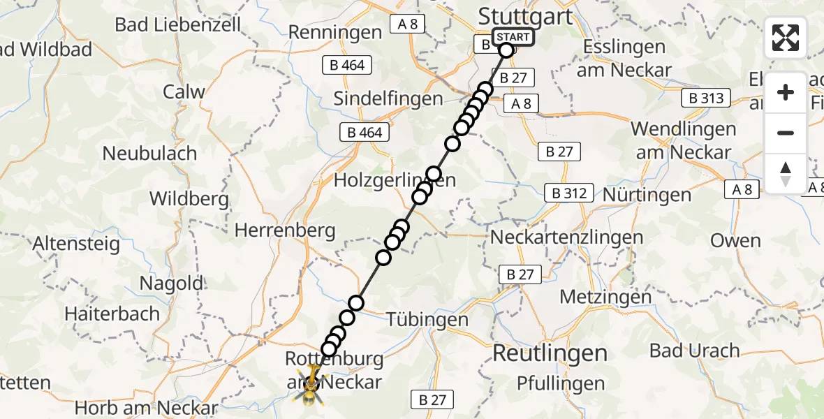 Flugroute Rettungshubschrauber Stuttgart-Süd - Bad Niedernau, 28 Februar 2026, 10:41