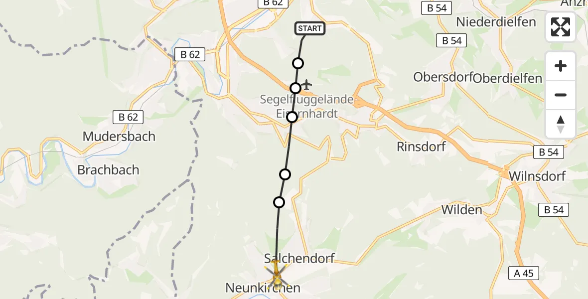 Flugroute Rettungshubschrauber Evangelisches Jung-Stilling Hospital Helipad - Salchendorf, 28 Februar 2026, 10:48