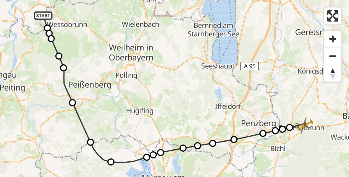 Flugroute Rettungshubschrauber Rott - Bad Heilbrunn, 28 Februar 2026, 10:51