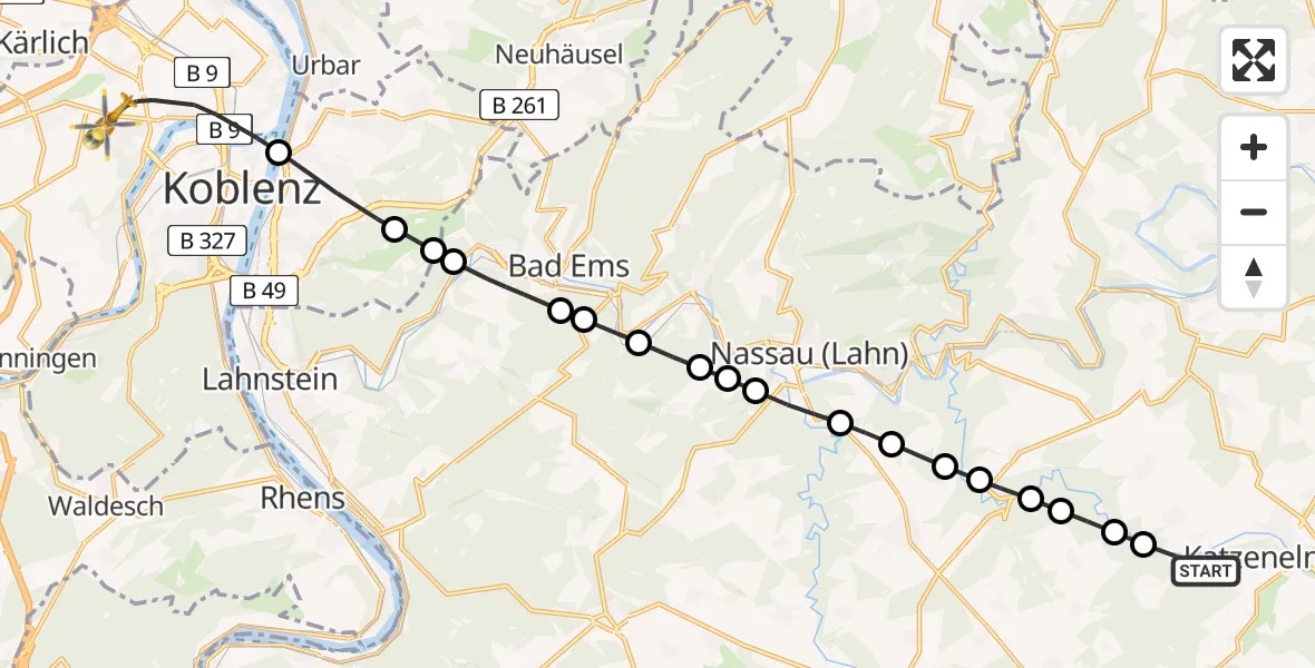 Flugroute Rettungshubschrauber Ergeshausen - Koblenz, 28 Februar 2026, 11:00