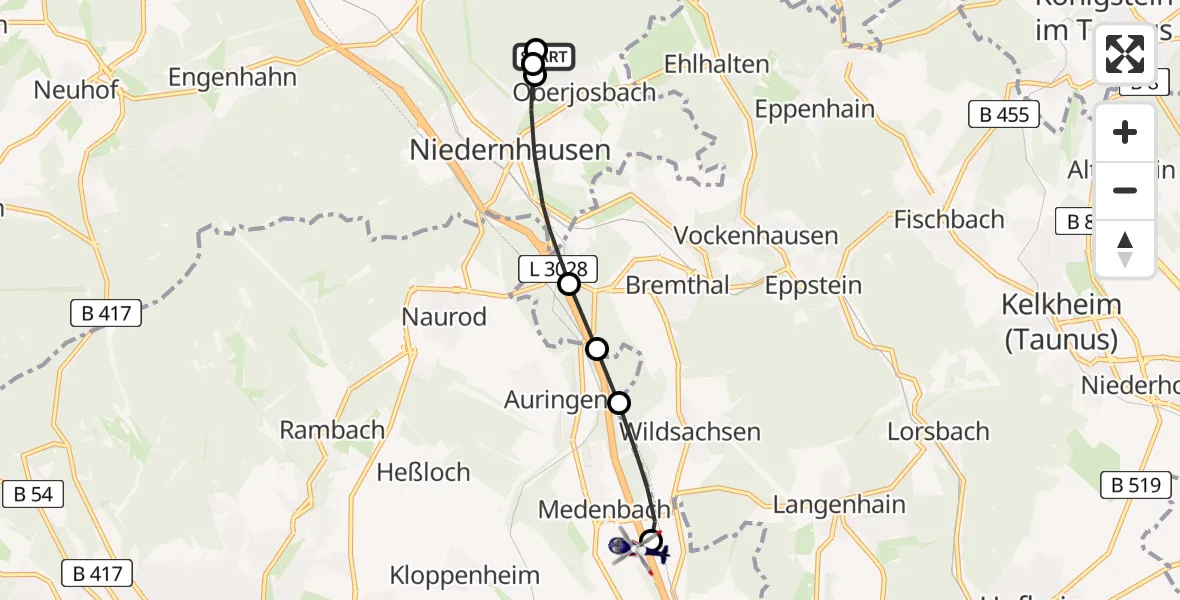 Flugroute Polizeihubschrauber Oberjosbach - Autobahn Police Wiesbaden Heliport, 28 Februar 2026, 11:12
