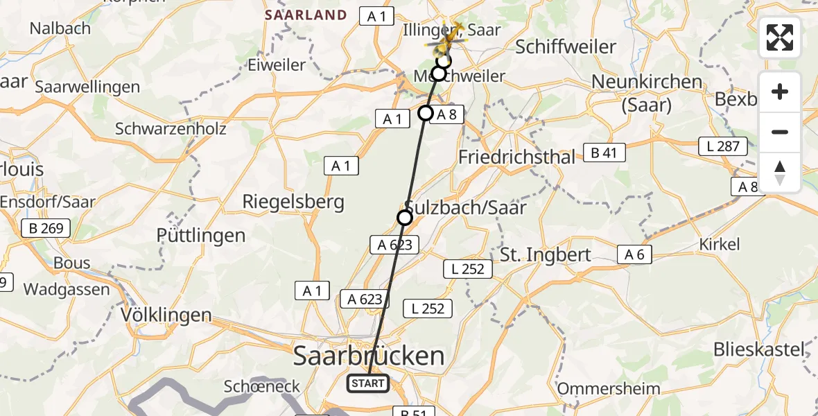 Flugroute Rettungshubschrauber Saarbrücken - Illingen, 28 Februar 2026, 11:13