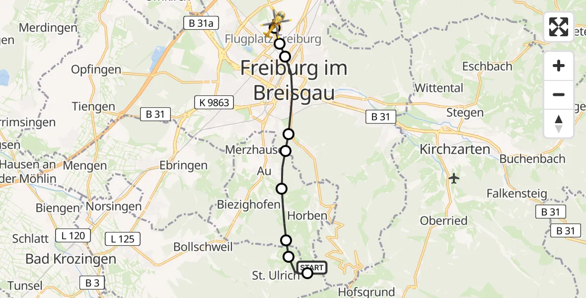 Flugroute Rettungshubschrauber Horben - Freiburg im Breisgau Airfield, 28 Februar 2026, 11:21