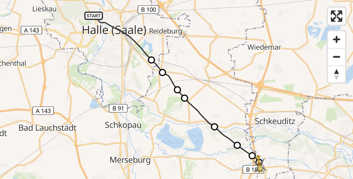 Flugroute Rettungshubschrauber Halle (Saale) - ADAC Air Rescue Station Leipzig/Schkeuditz-Dölzig Heliport (Christoph 61), 28 Februar 2026, 11:23