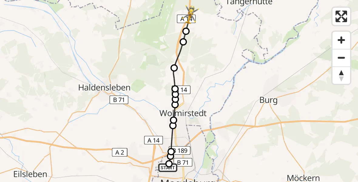 Flugroute Rettungshubschrauber Magdeburg Hospital Heliport - Burgstall, 28 Februar 2026, 11:29