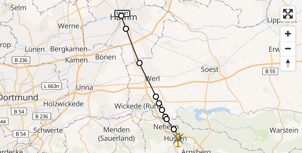 Flugroute Rettungshubschrauber Hamm-Lippewiesen Airfield - Hüsten, 28 Februar 2026, 11:34