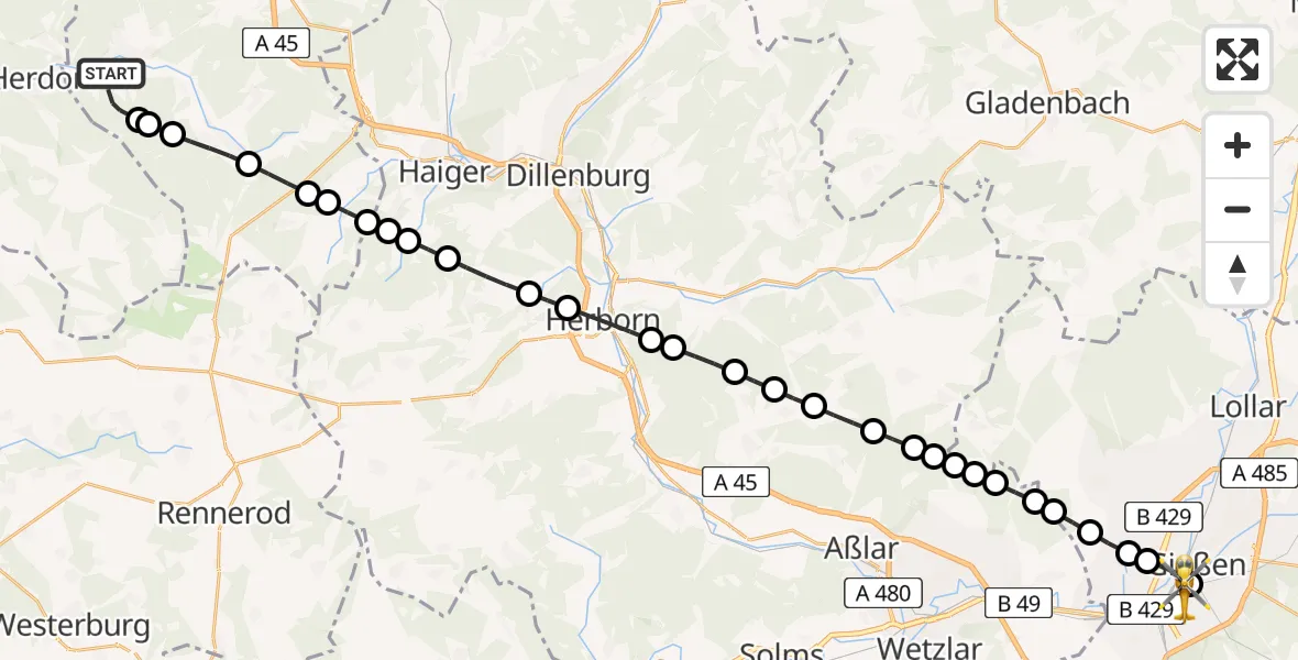 Flugroute Rettungshubschrauber Altenseelbach - Gießen University Hospital Heliport, 28 Februar 2026, 11:40