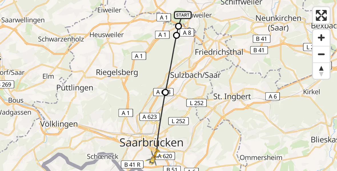 Flugroute Rettungshubschrauber Merchweiler - Saarbrücken, 28 Februar 2026, 11:49