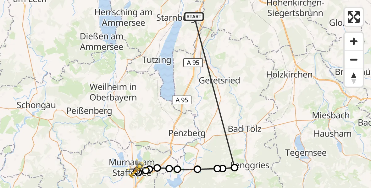 Flugroute Rettungshubschrauber Wangen - Murnau Accident Hospital Heliport, 28 Februar 2026, 11:50