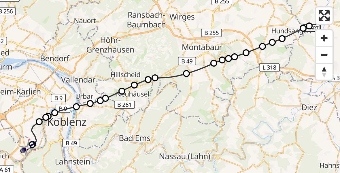 Routekaart van de vlucht: Polizeihubschrauber nach Koblenz-Winningen Airfield