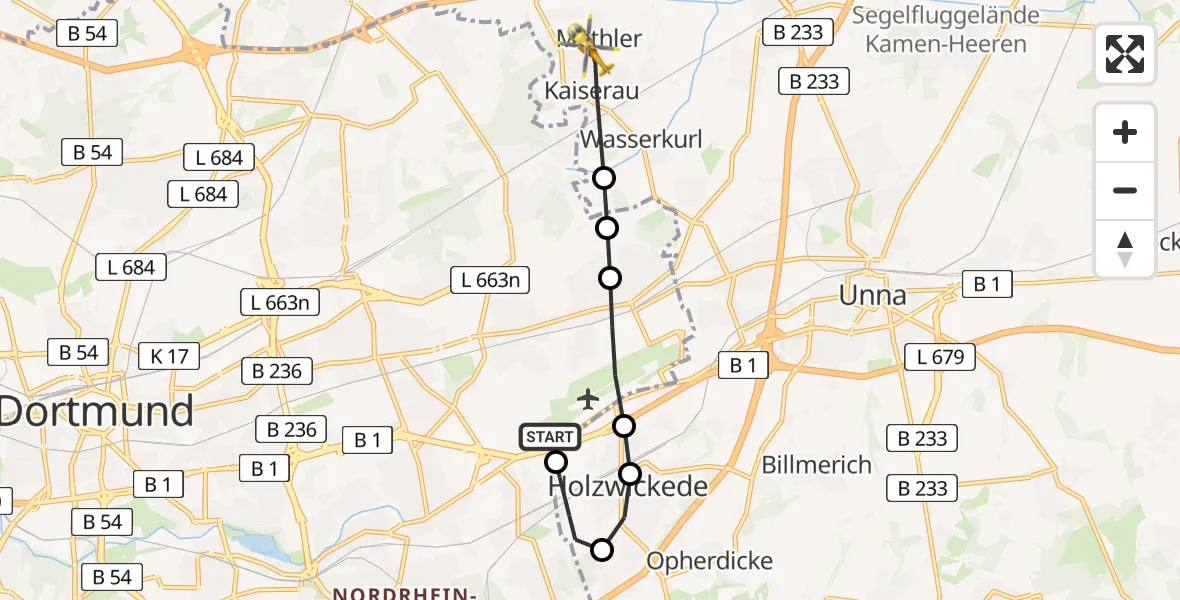 Flugroute Ambulanzhubschrauber Dortmund Airport - Methler, 28 Februar 2026, 11:53