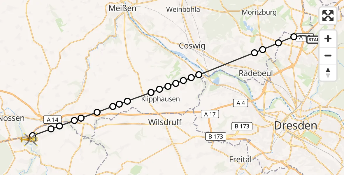 Flugroute Rettungshubschrauber Dresden Airport - Nossen, 28 Februar 2026, 11:54