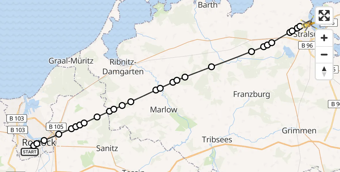 Flugroute Rettungshubschrauber Ortsbeirat 12 : Südstadt - Stralsund, 28 Februar 2026, 12:08