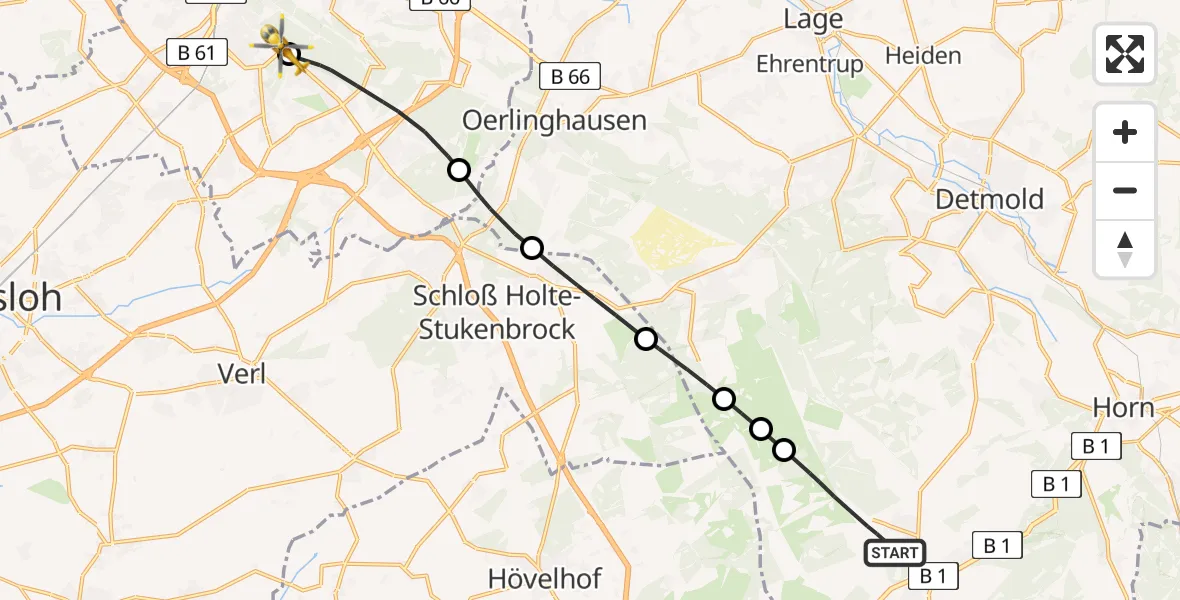 Flugroute Rettungshubschrauber Oesterholz-Haustenbeck - Luftrettungszentrum Bielefeld, 28 Februar 2026, 12:13