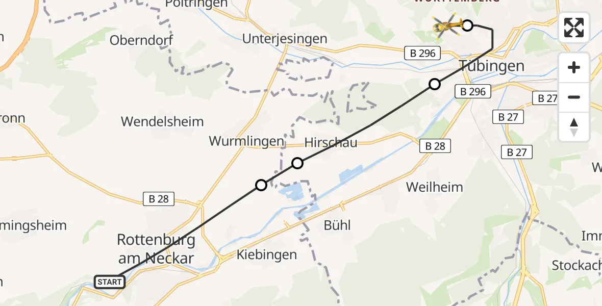 Flugroute Rettungshubschrauber Rottenburg - Tübingen University Hospital Heliport, 28 Februar 2026, 12:18