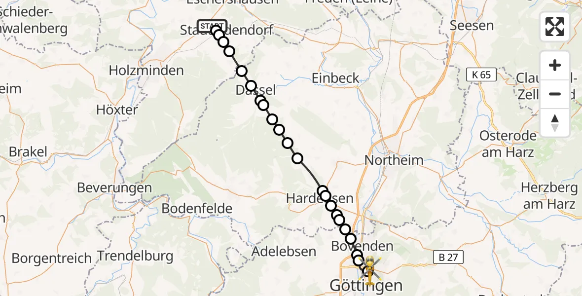 Routekaart van de vlucht: Rettungshubschrauber nach Göttingen University Clinic Heliport