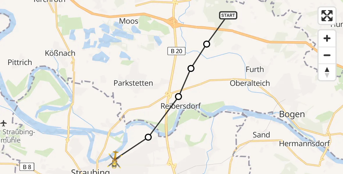 Flugroute Rettungshubschrauber Furth - Sankt Elisabeth Hospital Straubing Heliport, 28 Februar 2026, 12:30