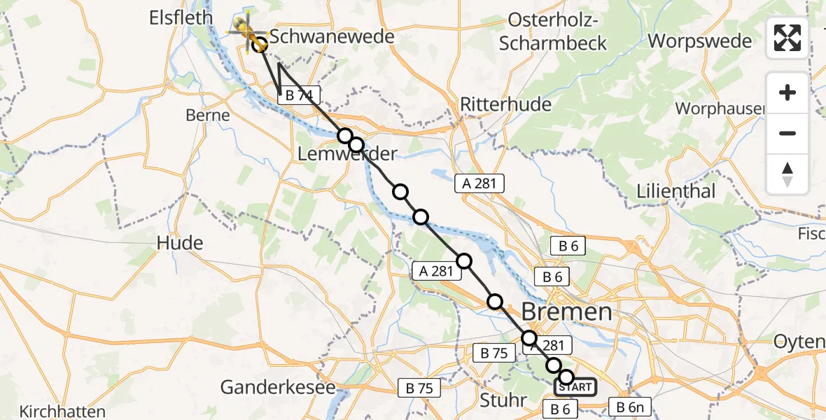 Flugroute Rettungshubschrauber ADAC Air Rescue Station Bremen Heliport (Christoph 6) - Neuenkirchen, 28 Februar 2026, 12:30