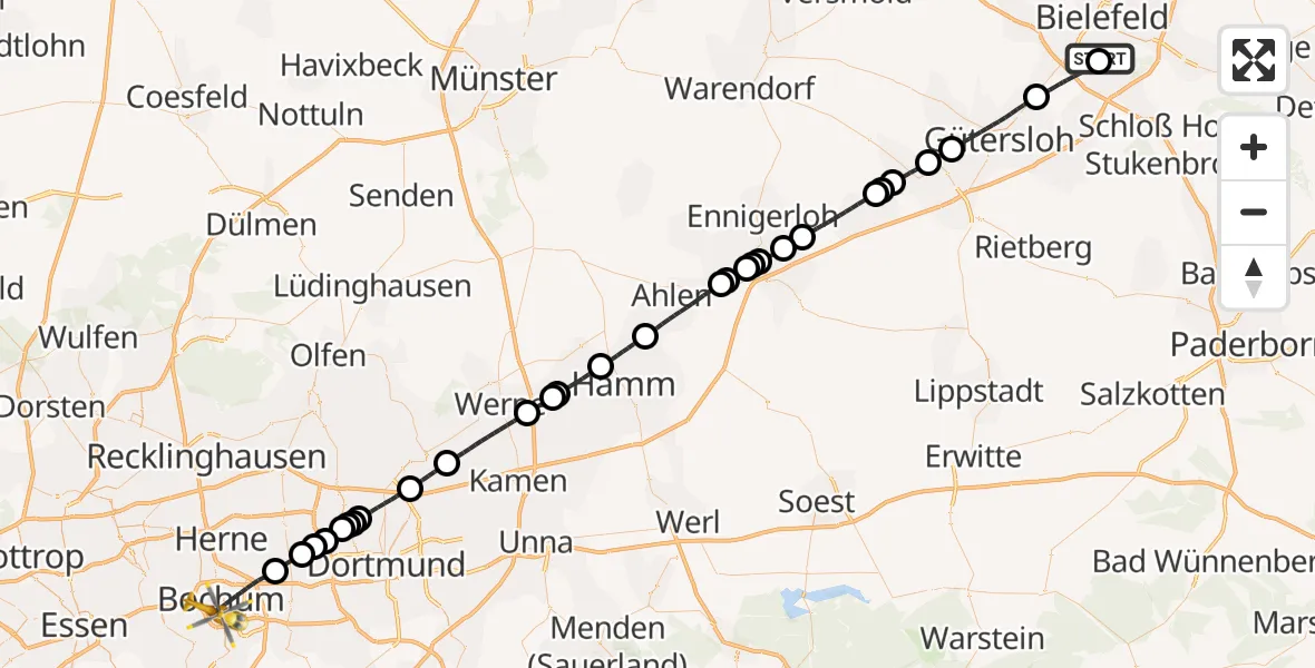 Flugroute Rettungshubschrauber Luftrettungszentrum Bielefeld - Bochum, 28 Februar 2026, 12:30