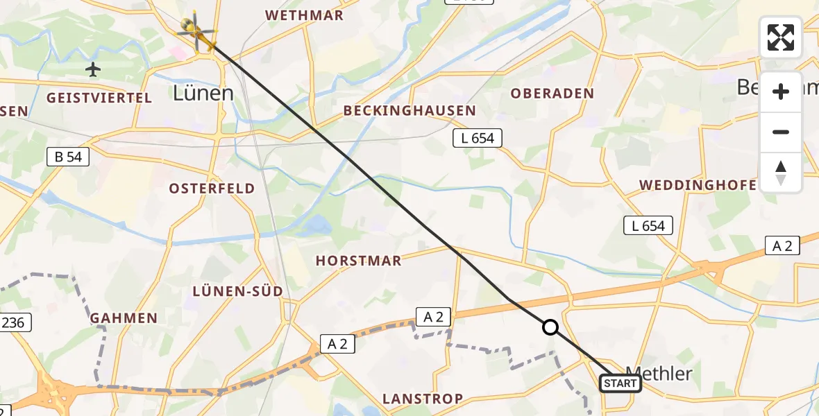 Flugroute Ambulanzhubschrauber Methler - Lünen, 28 Februar 2026, 12:33
