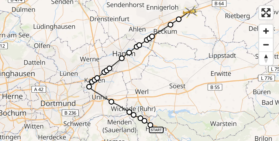 Flugroute Rettungshubschrauber Hüsten - Oelde, 28 Februar 2026, 12:34