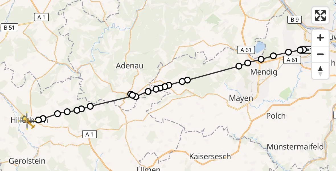 Flugroute Ambulanzhubschrauber Miesenheim - Hillesheim, 28 Februar 2026, 12:38