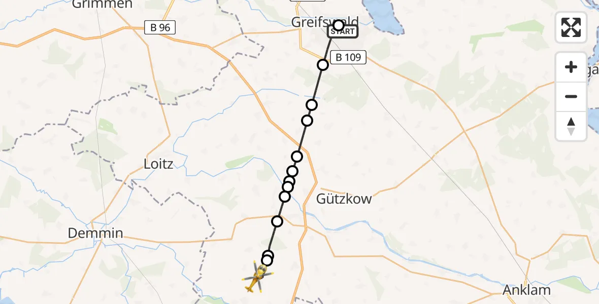 Flugroute Rettungshubschrauber Greifswald Hospital Heliport - Jarmen, 28 Februar 2026, 12:43