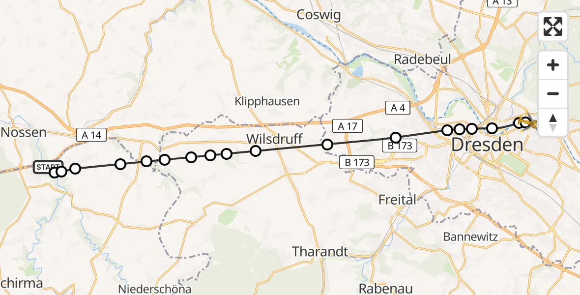 Flugroute Rettungshubschrauber Nossen - Dresden Elbwiesen Heliport, 28 Februar 2026, 12:58